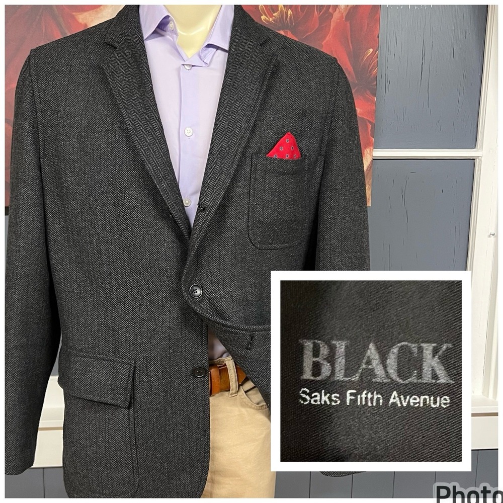 Saks Fifth Avenue Tweed Blazer 3Button Jacket Men XL (44R) Wool Blend Dark Gray